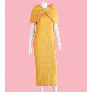 Vintage Yellow Brocade Maxi Dress Cape Set 60s Formal Gala Cocktail Rare Small